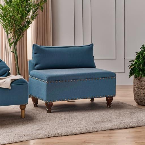 Benjara Fabric Upholstered Wooden Storage Bench with Nail Head Trim, Large, Blue and Brown
