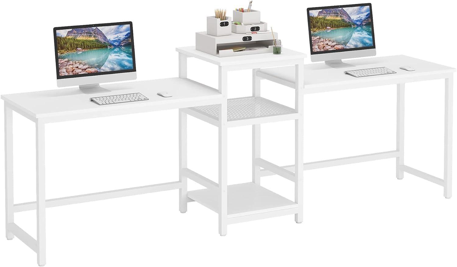 Tribesigns 96.9" White MDF and Steel Double Computer Desk with Storage Shelves