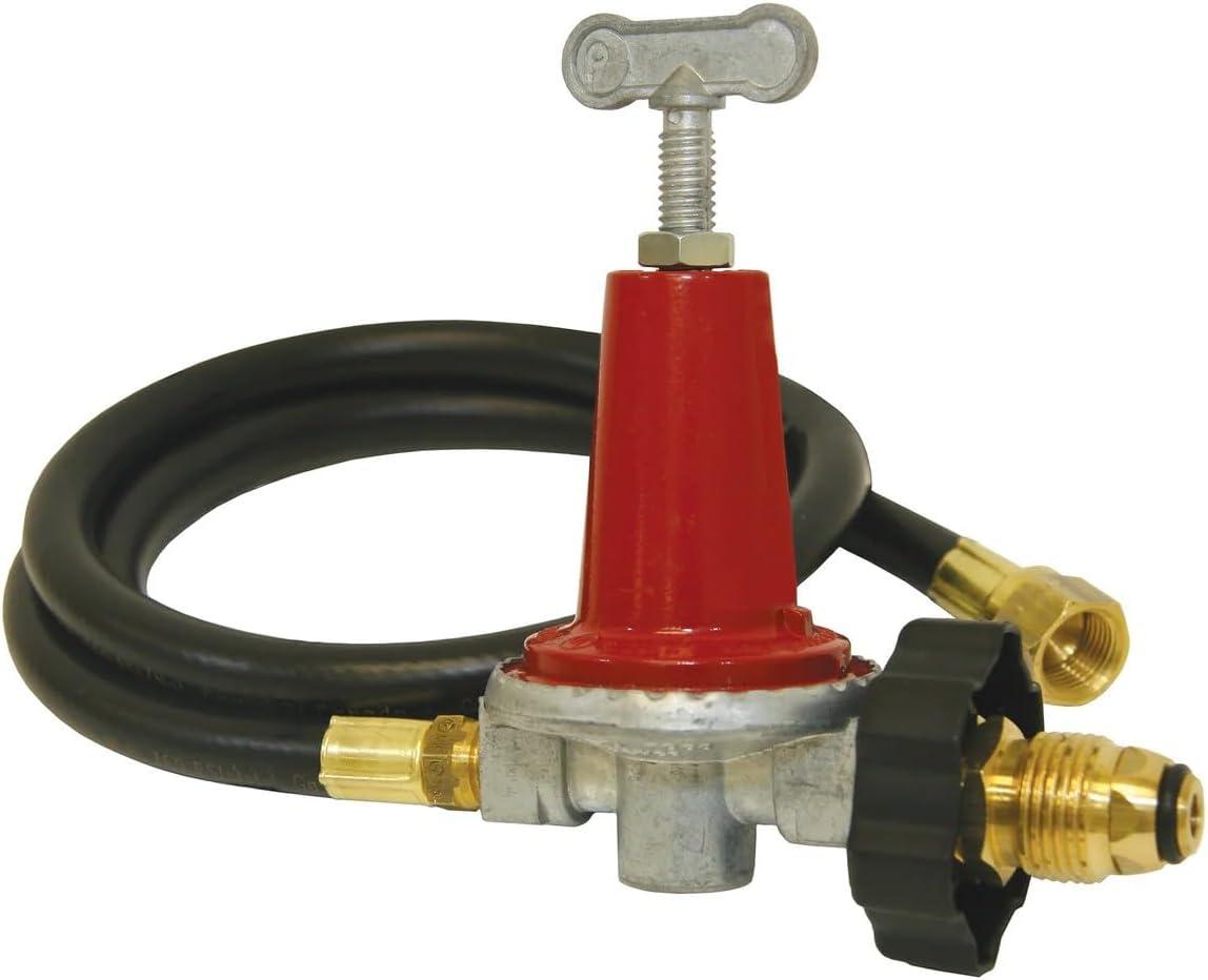 LaYelxt 5HPR-40 0-40-psi Adjustable Regulator w/ -in Thermoplastic Hose Features Soft Nosed POL 3/8-in Flare Swivel Fitting Designed For LaYelxt Single & Double Jet Cookers