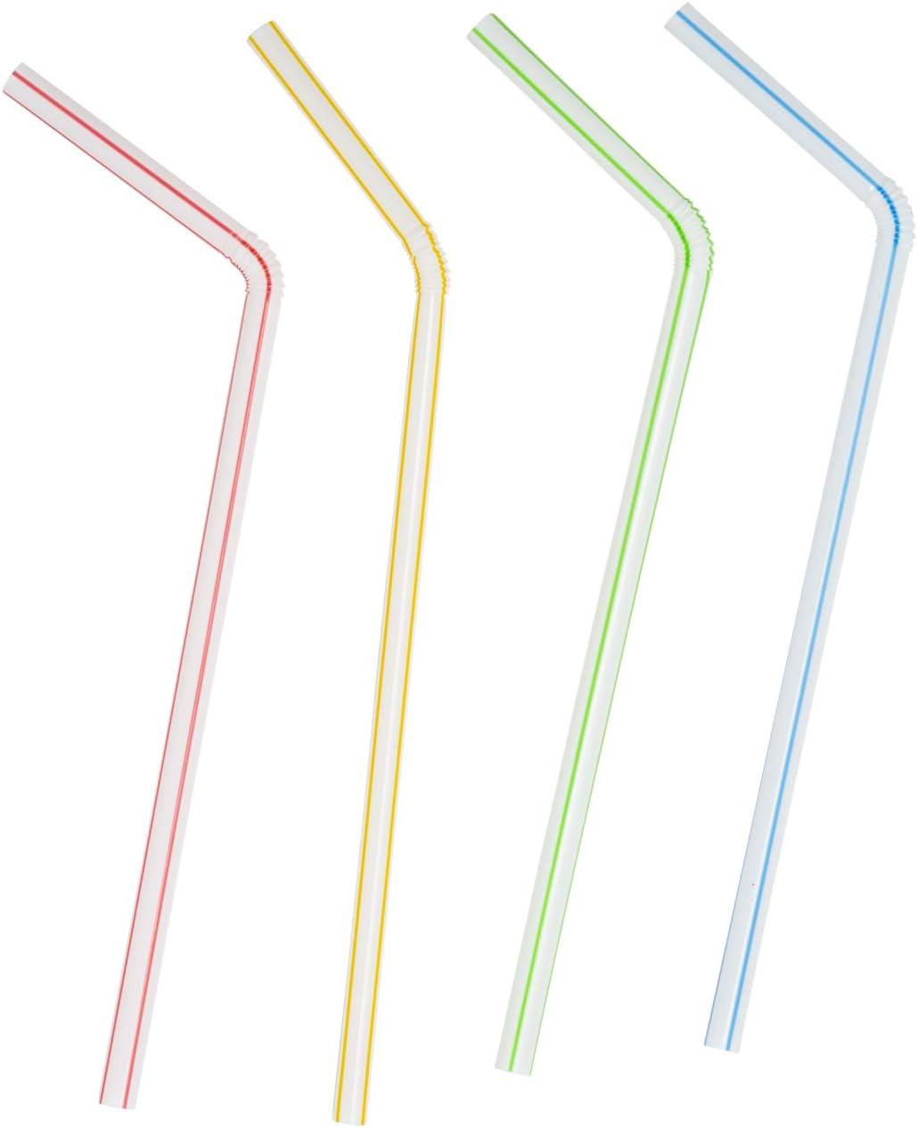 Comfy Package 7.75” Flexible Straws Drinking Plastic Disposable Bendy Straws, 200-Pack Striped Assorted