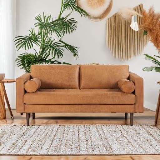 Cognac Tan Tufted Leather Lawson Sofa with Wood Legs