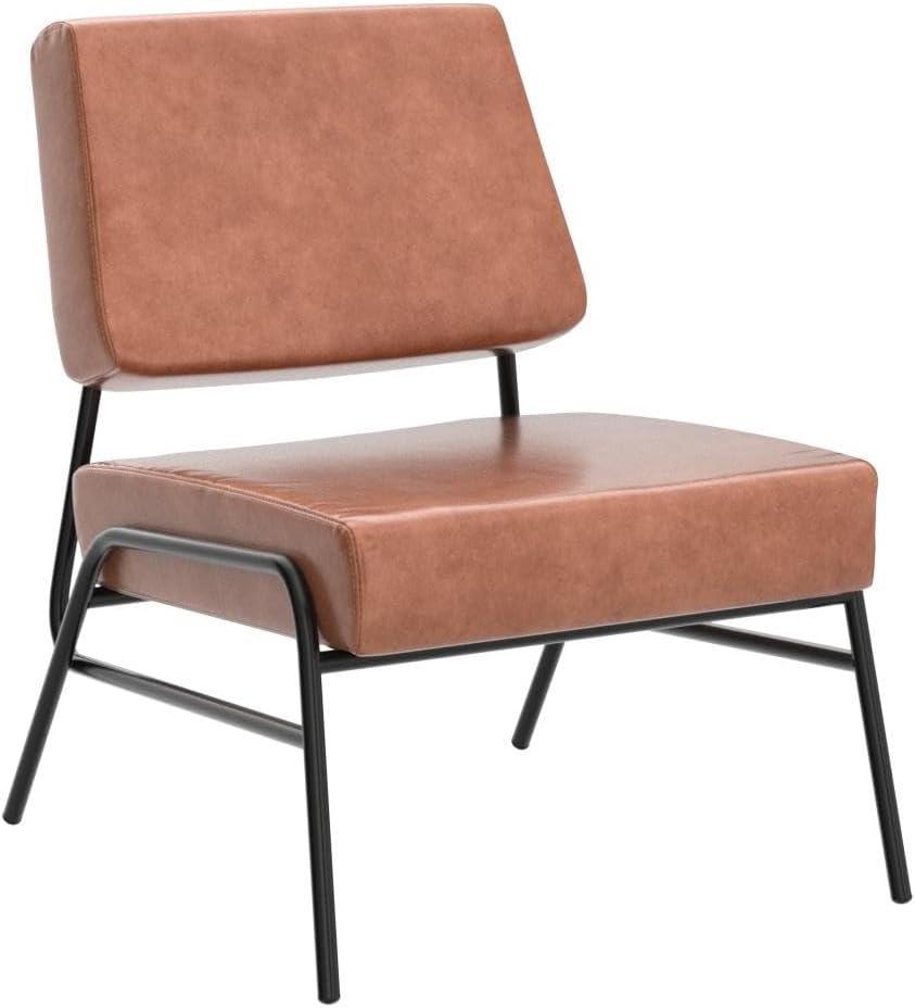 AWQM Faux Leather Accent Chair, Mid-Century Modern Armless Lounge Chair with Metal Frame Upholstered Waiting Room Chair,Office Chair Single Sofa Chairs for Living Room Bedroom,Brown