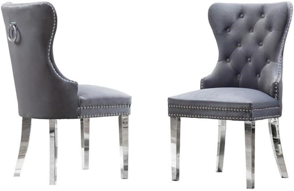 Tufted Dark Gray Velvet Side Chairs with Silver Stainless Steel (Set of 2)