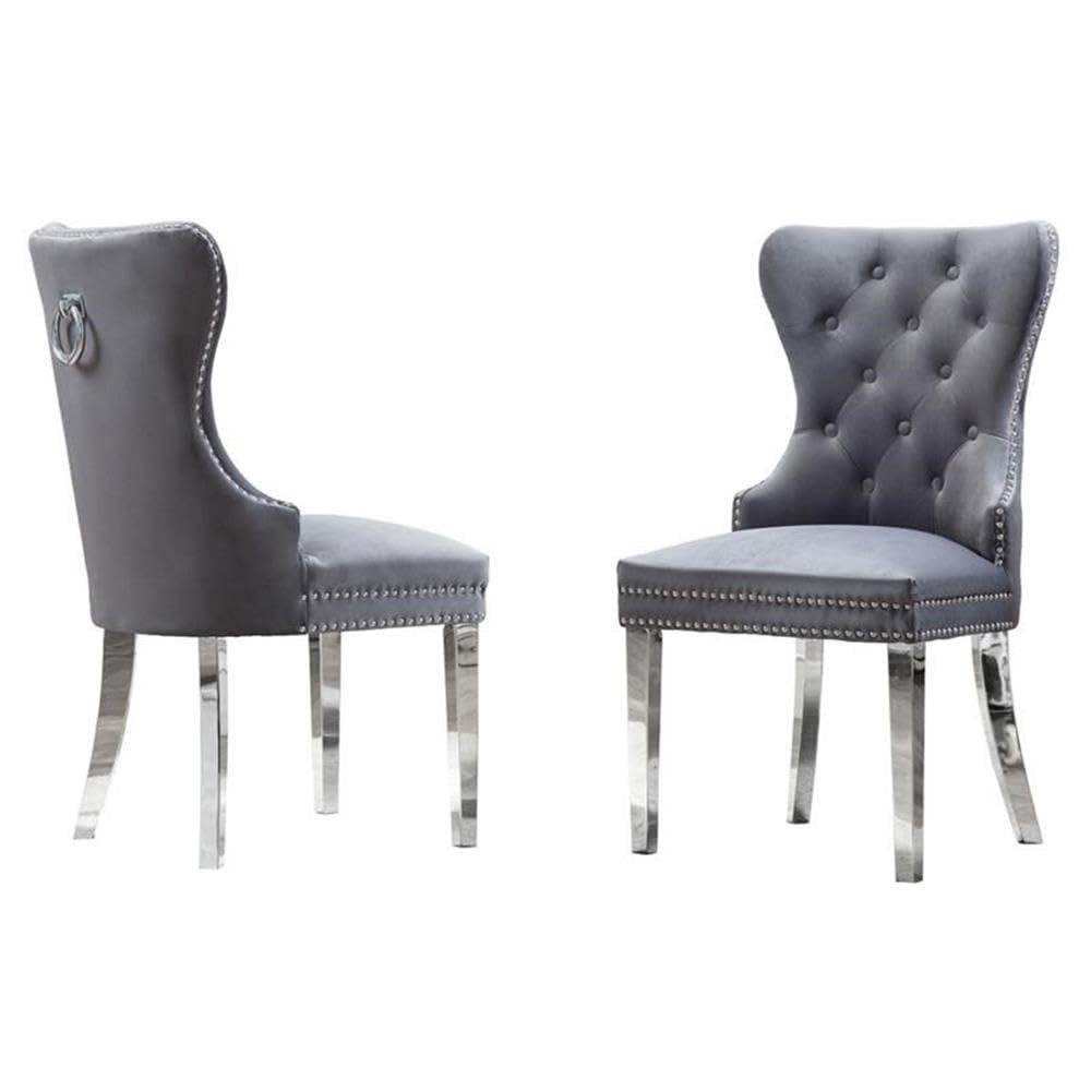 Tufted Dark Gray Velvet Side Chairs with Silver Stainless Steel (Set of 2)