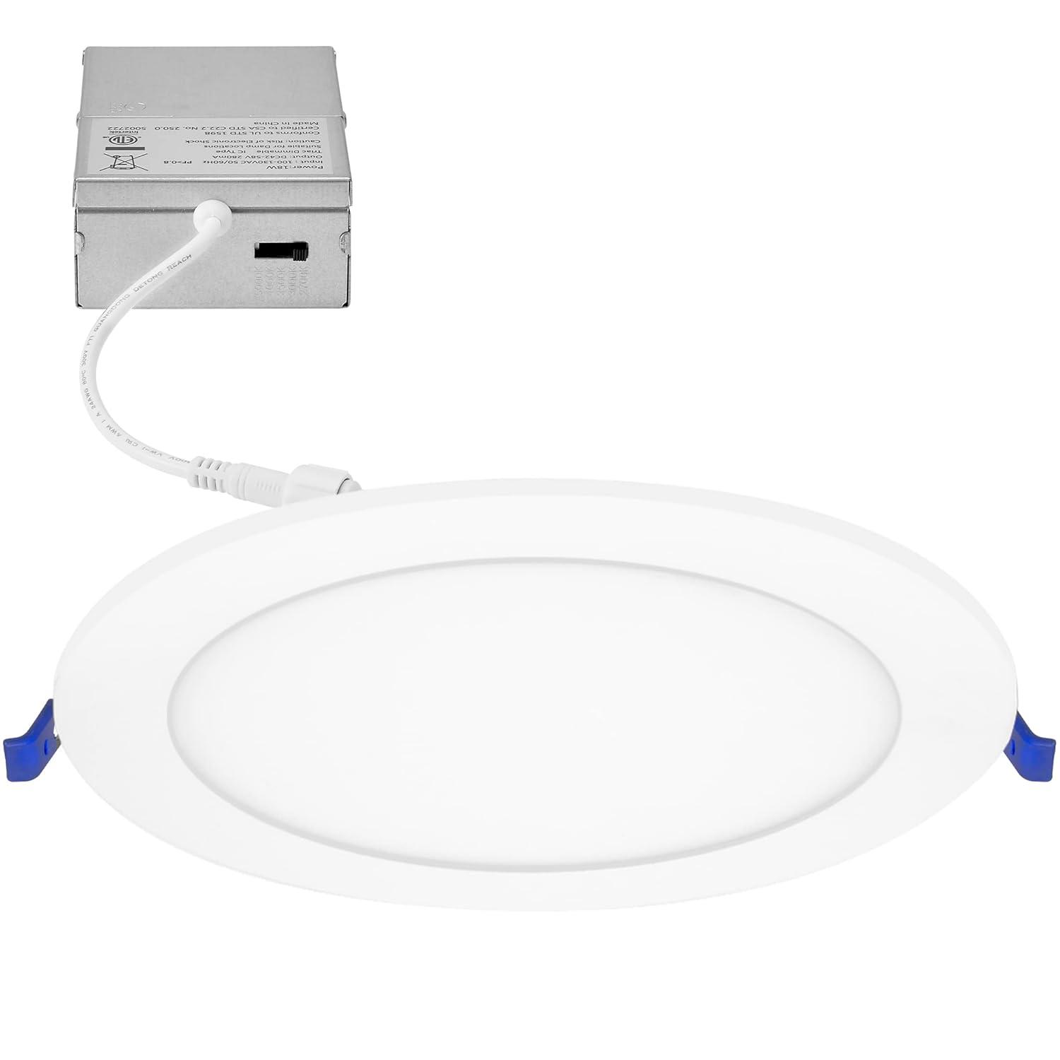 Maxxima 8 in. 5CCT Round Recessed LED Downlight, 1600 Lumens Slim Round Flat Panel Color Selectable 2700K-5000K (2700K/3000K/3500K/4000K/5000K), Dimmable, Canless IC Rated, White Trim, J-Box Included