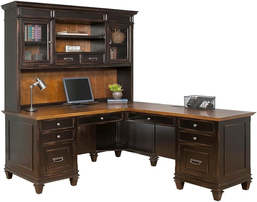 Martin Furniture Hartford L Shaped Pedestal Desk Brown: Executive Office Workstation with Metal Hardware