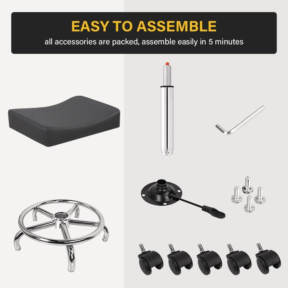 Square Rolling Stool with Footrest PU Leather Height Adjustable 360° Swivel Stool with Wheels Massage SPA Salon Stools Task Chair Desk Drafting Bedroom Vanity Stool (Grey)