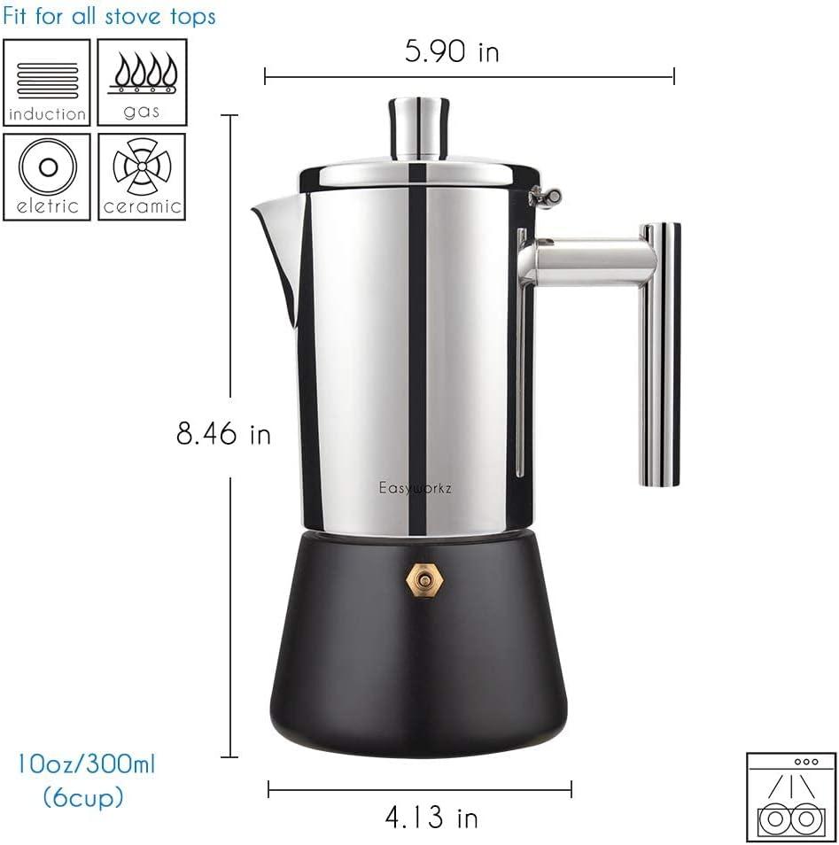Easyworkz Diego 6 Cup Stovetop Espresso Maker Stainless Steel Italian Coffee Maker Induction Moka Pot Black, 10 oz