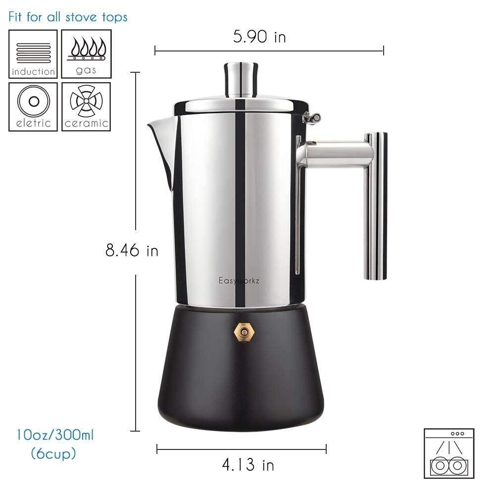 Easyworkz Diego 6 Cup Stovetop Espresso Maker Stainless Steel Italian Coffee Maker Induction Moka Pot Black, 10 oz