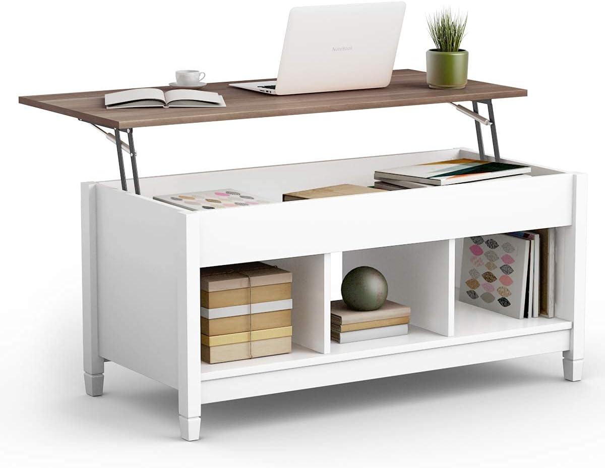 YOJFOTOOU. Wood Lift Top Coffee Table, Modern Coffee Table w/Hidden Compartment and Open Storage Shelf for Living Room Office Reception Room (White)