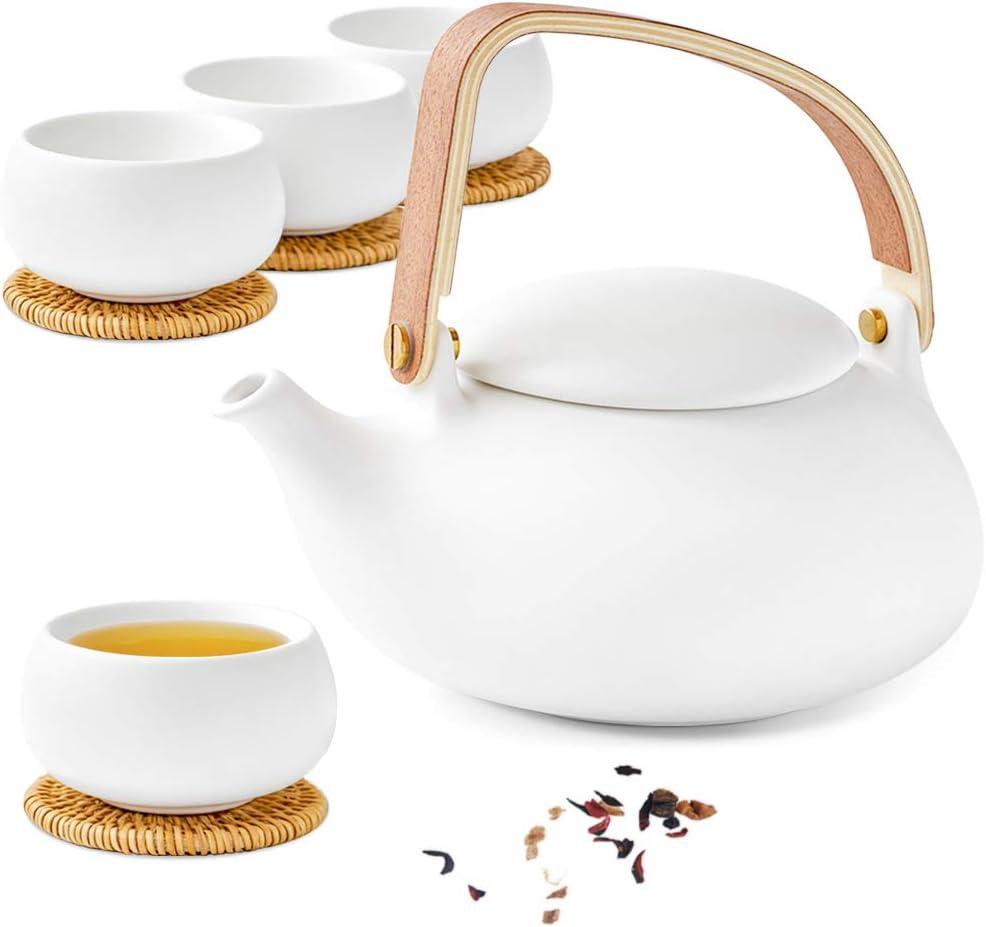 ZENS Japanese Tea Set with Infuser, Modern Bentwood Handle 27 oz Matte Ceramic Loose Leaf Teapot with 4 Cups & RattanCoasters for Tea Lover Gift