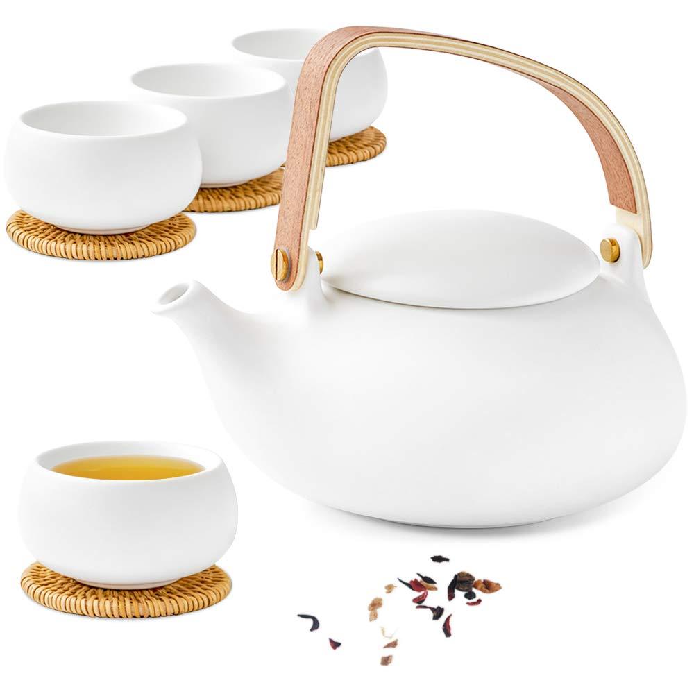 ZENS Japanese Tea Set with Infuser, Modern Bentwood Handle 27 oz Matte Ceramic Loose Leaf Teapot with 4 Cups & RattanCoasters for Tea Lover Gift