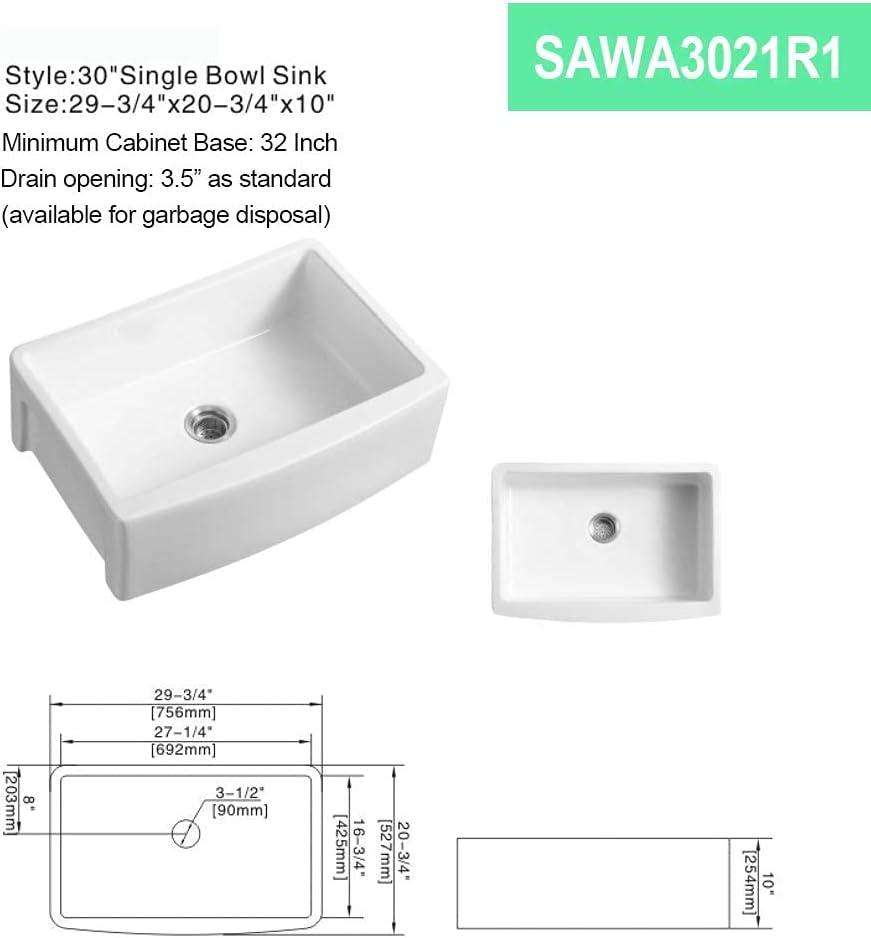Sarlai 30 Farmhouse Sink White - 30 Inch Kitchen Sink Curved Apron Front White Fireclay Ceramic Porcelain Single Bowl Farm Kitchen Sinks