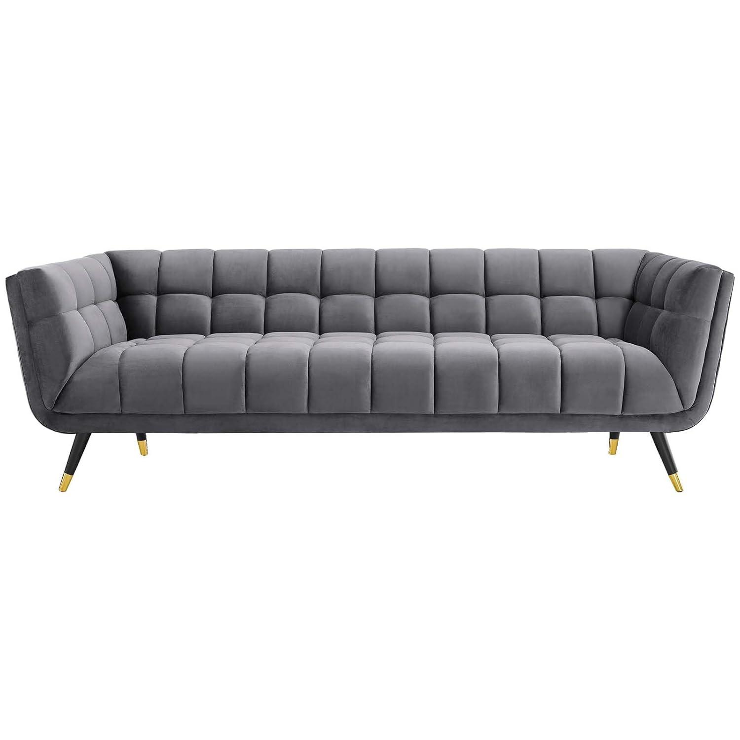 Modway Adept Performance Velvet Tufted Sofa in Gray and Black