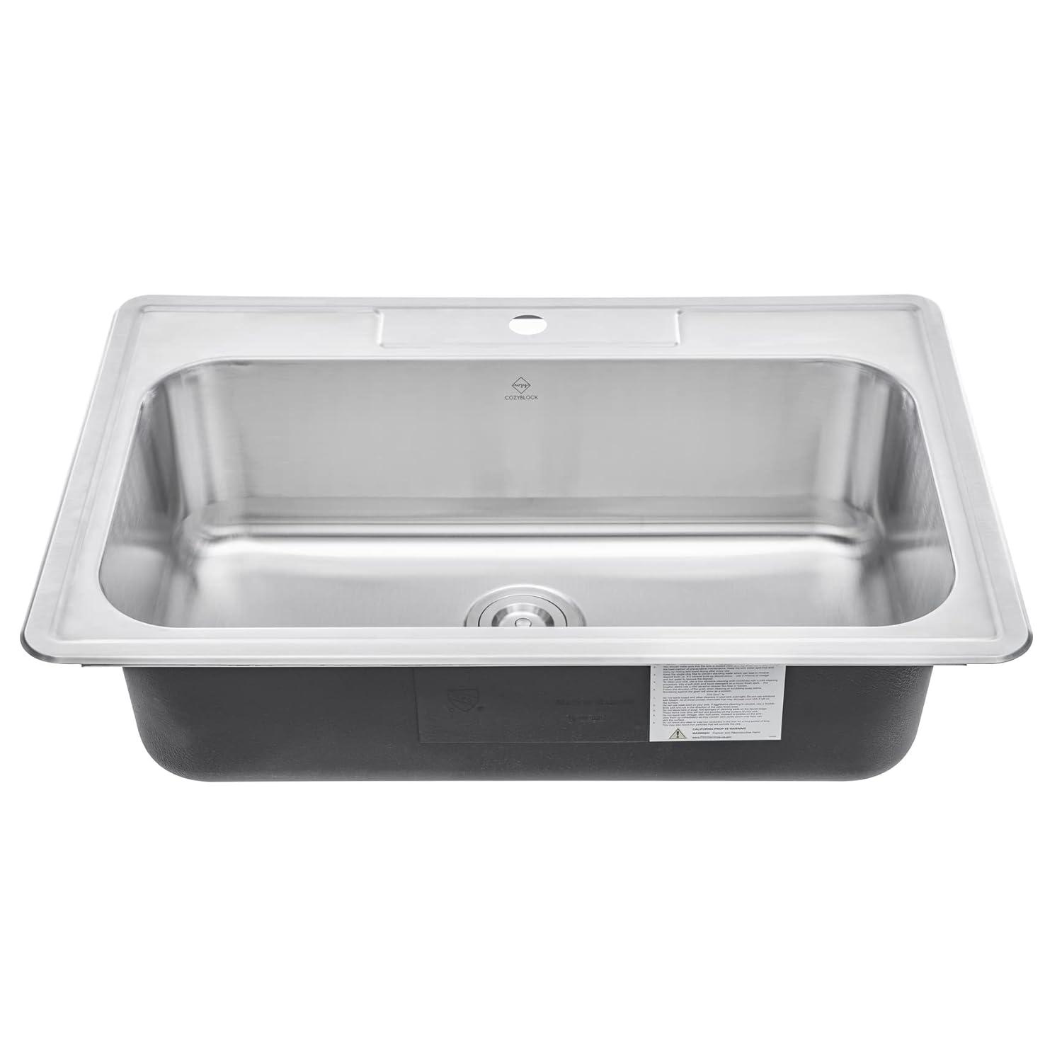 CozyBlock 33 Inch Single Bowl Topmount Drop-In 18-Gauge Stainless Steel Kitchen Sink w/ 1 Faucet Hole (Sink Only)