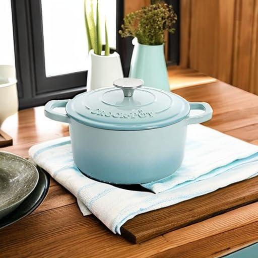 Crock-Pot 3 Quart Round Enamel Cast Iron Covered Dutch Oven Cooker, Aqua Blue