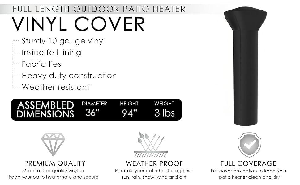 Balken Home Fire Sense Outdoor Full Length Patio Heater Vinyl Cover, Black