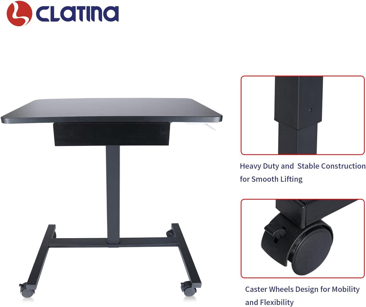 Clatina Pneumatic Height Adjustable Laptop Desk with Lockable Wheels and A Extra Drawer,28 x 18.9 inch desktop size,Black