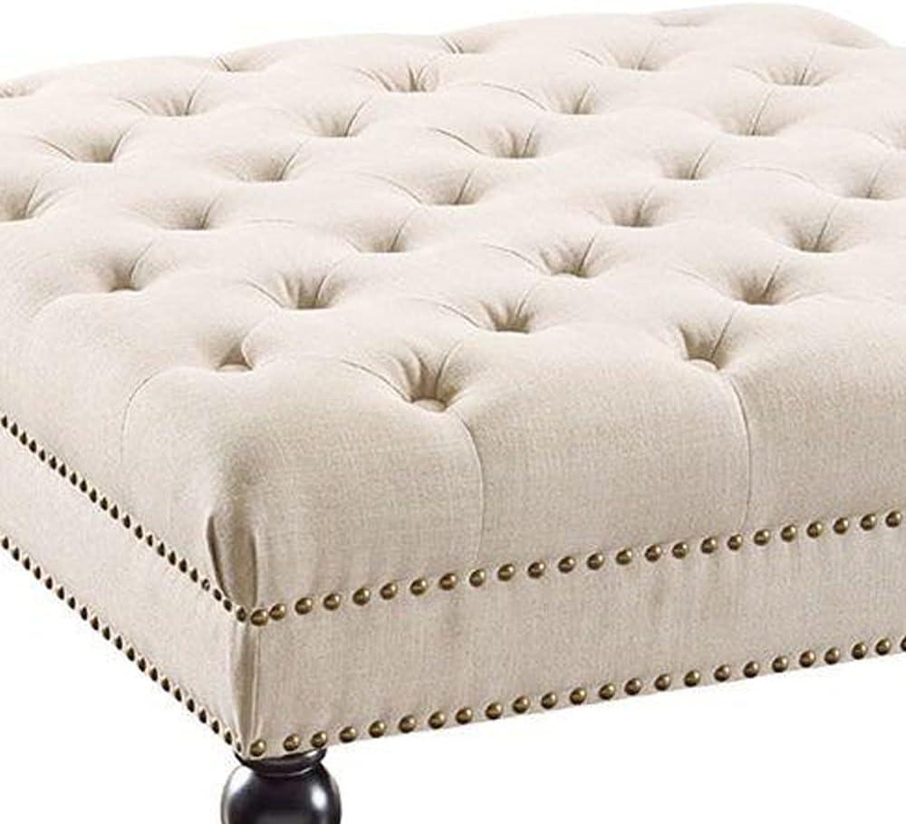 Isabelle 35" Tufted Linen Ottoman with Nailhead Accents