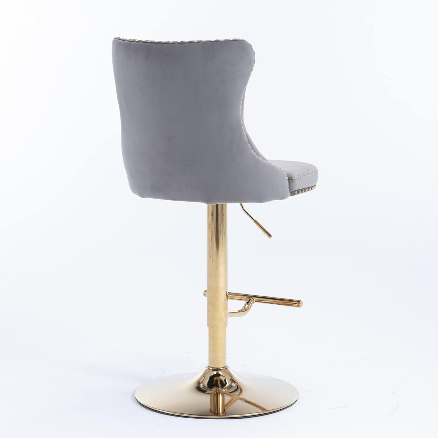 Gray Velvet Adjustable Swivel Bar Stools with Gold Metal Base