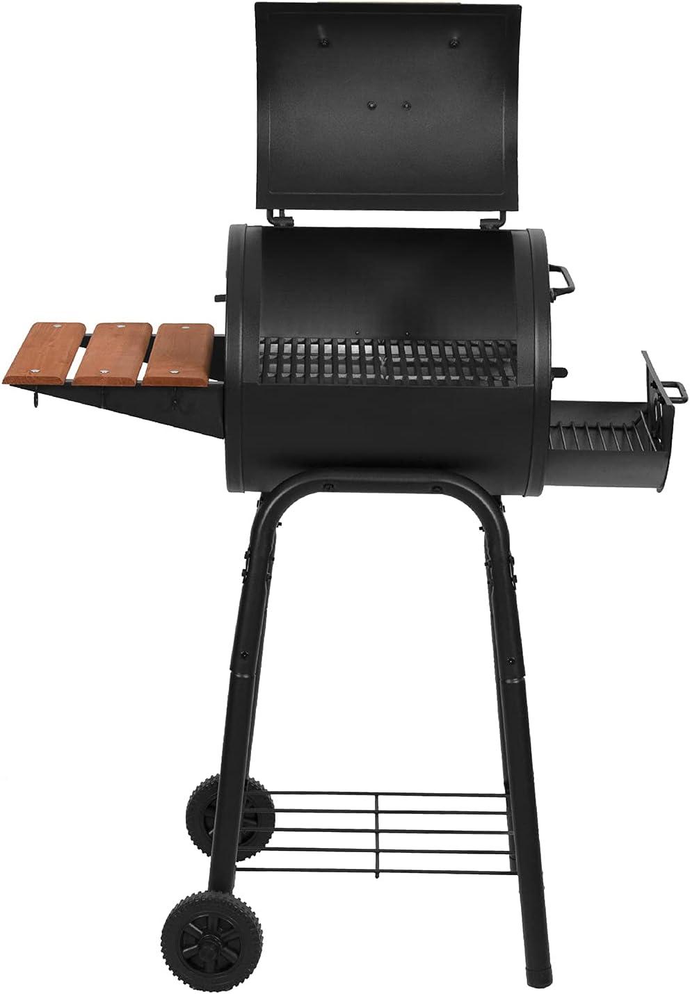 Black Barrel Charcoal Grill with Wood Shelf and Cast Iron Grates