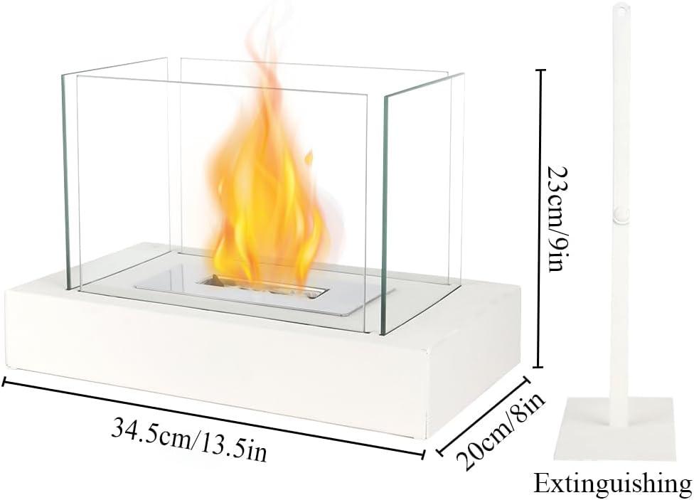 13.5" White Glass and Steel Portable Tabletop Fireplace