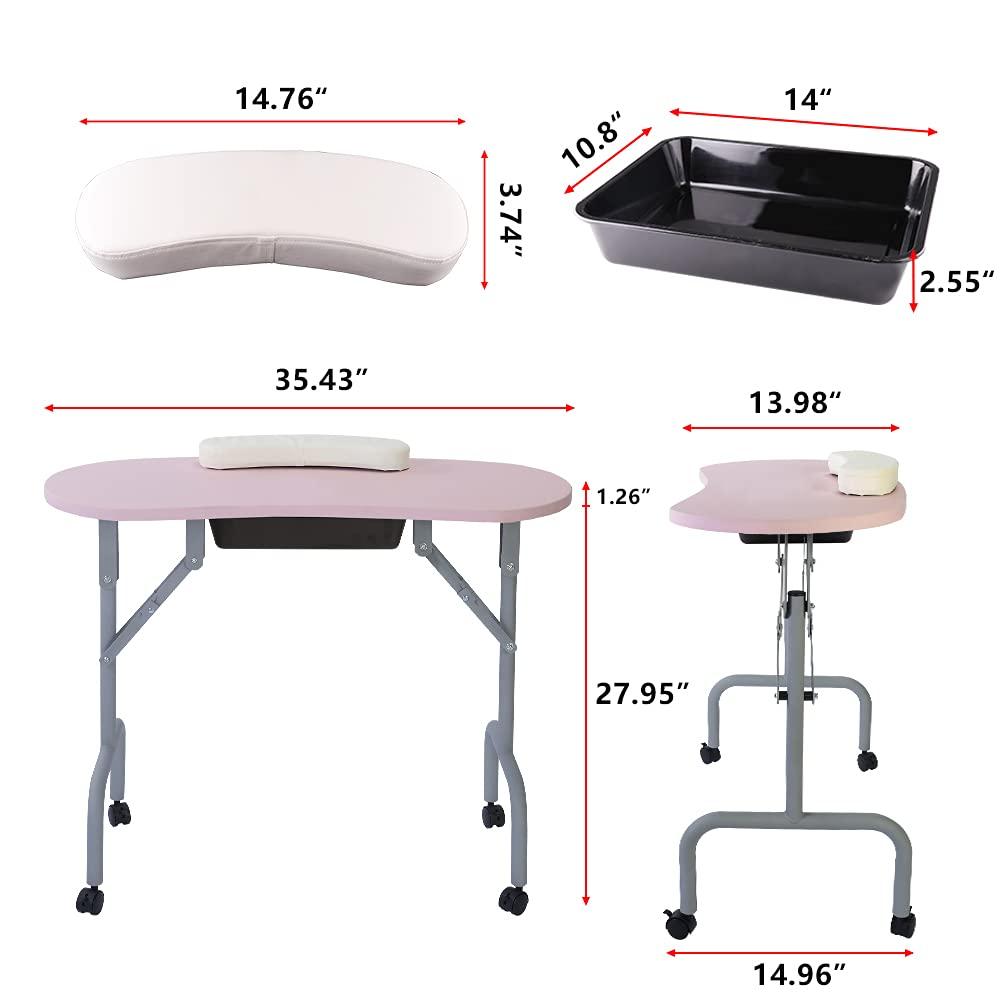 Portable Manicure Table Foldable Nail Desk with Large Drawer Nail Tech Table for Technician Salon Workstation Client Wrist Cushion/Carry Bag/4 Lockable Wheels, 36-inch, Pink