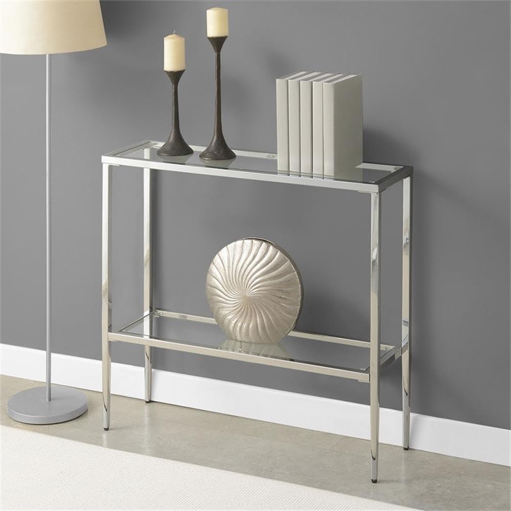 Nadia Chrome Metal Entryway Hall Table with Glass Shelf and Top