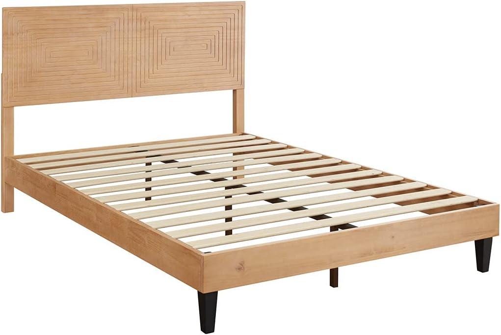 MUSEHOMEINC Queen Size Bed Frame with Adjustable Height Headboard,Mid Century Modern Wood Platform Bed,Mattress Foundation with Wooden Slat Support,No Box Spring Needed,Easy Assembly(Queen)