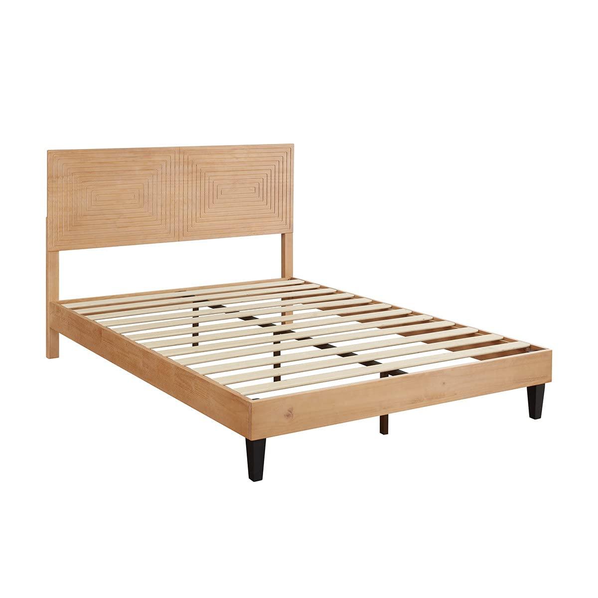 MUSEHOMEINC Queen Size Bed Frame with Adjustable Height Headboard,Mid Century Modern Wood Platform Bed,Mattress Foundation with Wooden Slat Support,No Box Spring Needed,Easy Assembly(Queen)