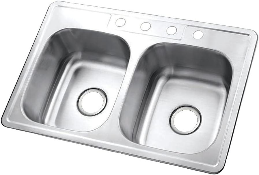 Kingston Brass Studio 33-Inch Stainless Steel Self-Rimming 4-Hole Double Bowl Drop-In Kitchen Sink