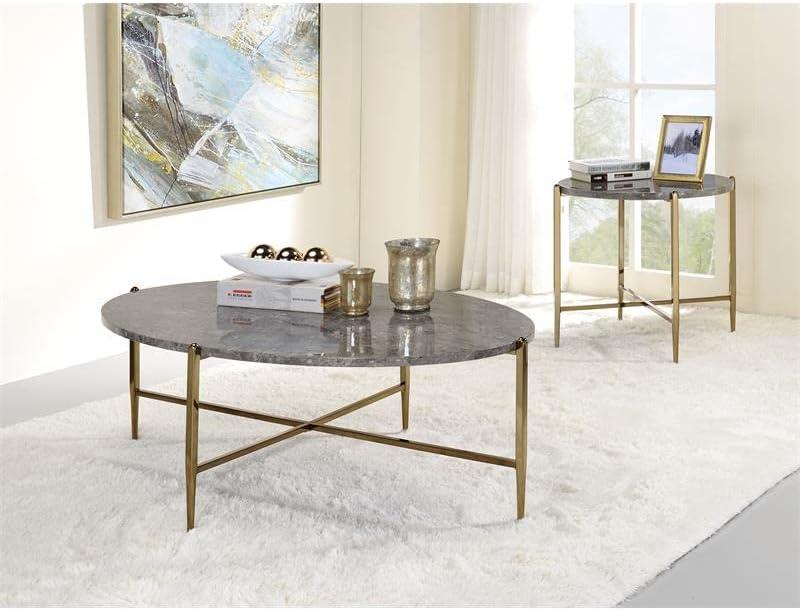 ACME Tainte Oval Faux Marble Top Coffee Table in Gray and Champagne