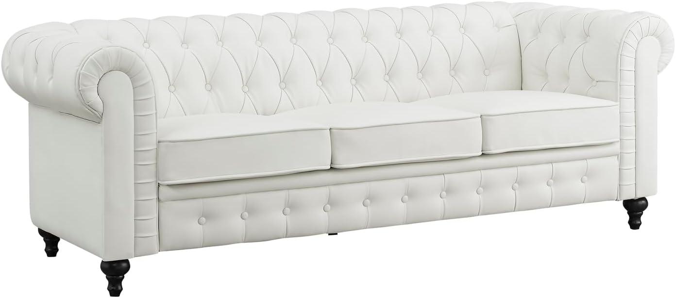 Emery Chesterfield Sofa, Luxurious Comfort for Cozy Living Rooms, Mid-Century Modern couch, Elegance & Serenity, 3-Seater Sofa White,PU