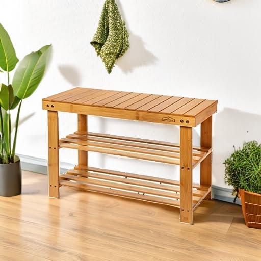 Homemaid Living Bamboo 3 Tier Shoe Rack Small Bench, Outdoor Shoe Rack Weatherproof - Shoe Rack with Bench, Bathroom Bench, Shoe Organizer for Entryway, Hallway, Living Room (Natural Bamboo)
