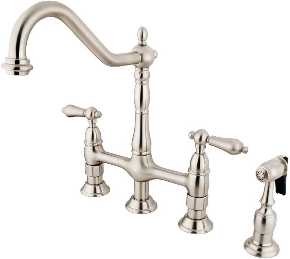 Kingston Brass Heritage Two-Handle 4-Hole Deck Mount Bridge Kitchen Faucet with Brass Side Sprayer