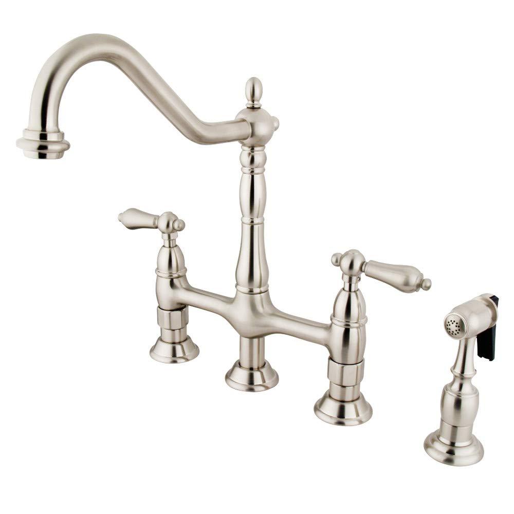 Kingston Brass Heritage Two-Handle 4-Hole Deck Mount Bridge Kitchen Faucet with Brass Side Sprayer