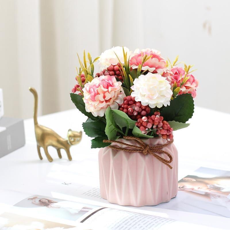 Artificial potted flowers, small ceramic vases fake flower plants for home and office interior tabletop decoration, artificial flower hydrangeas - Pink