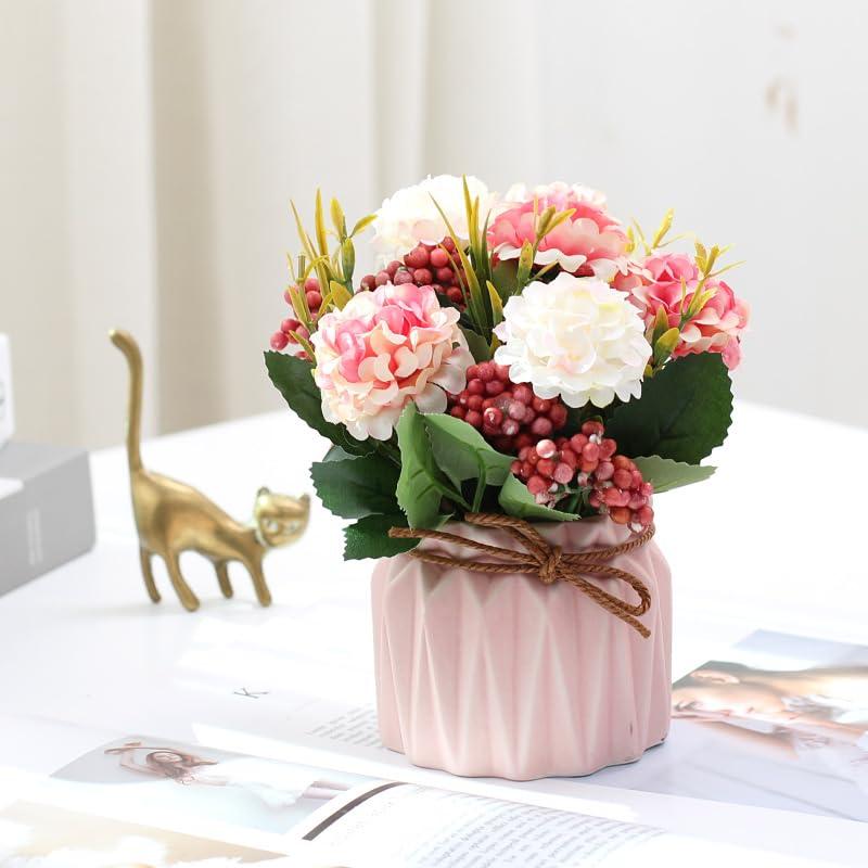 Artificial potted flowers, small ceramic vases fake flower plants for home and office interior tabletop decoration, artificial flower hydrangeas - Pink