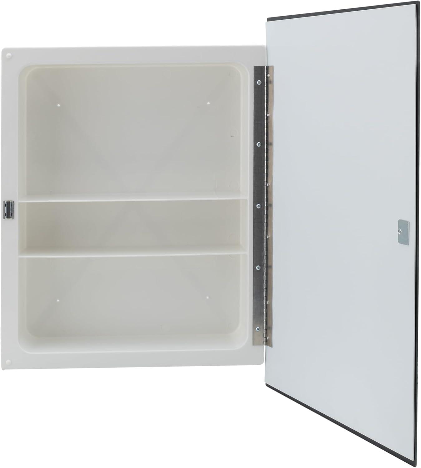 HMTtie RV Bathroom Medicine Cabinet | 16” W x 22” H | Two Adjustable Shelves | Frameless Polished Edge Mirror | Made in USA | White