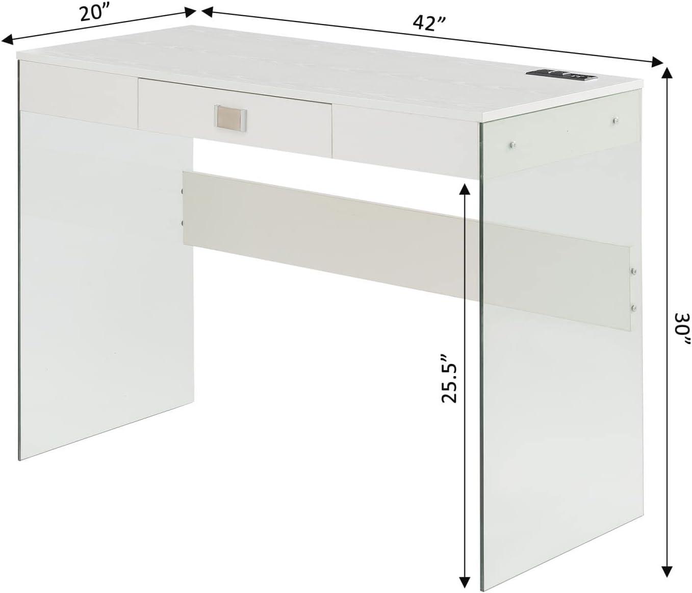 Convenience Concepts SoHo 30"H 42" W Glass Desk with Charging Station, White/Glass, All Ages