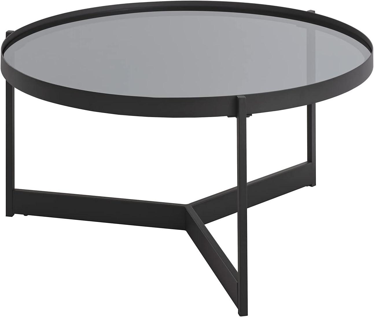 Modern Glass and Metal Round Coffee Table - Smoked Glass / Black