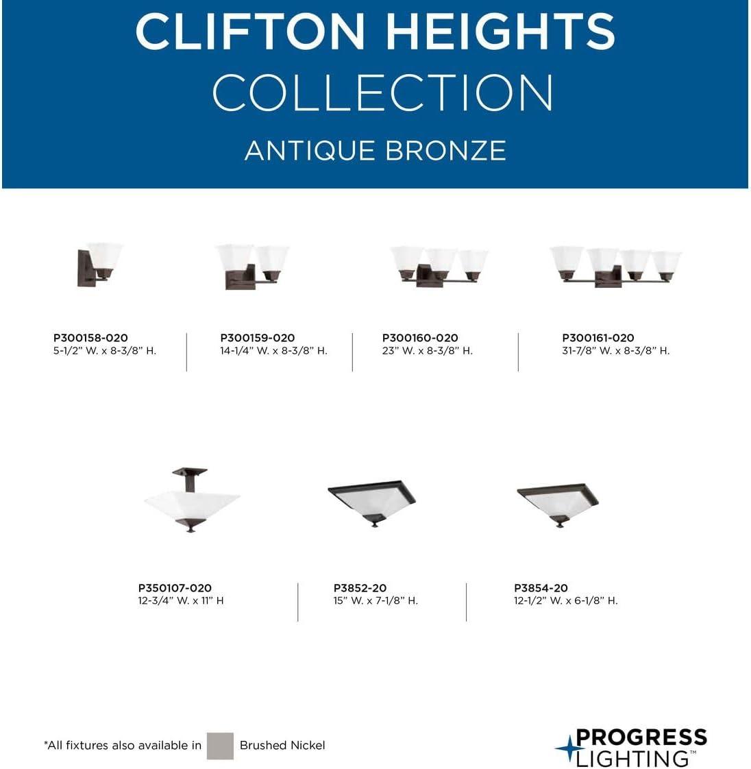 Progress Lighting Clifton Heights 3-Light Bath Vanity Fixture, Antique Bronze, Etched Square Glass Shade