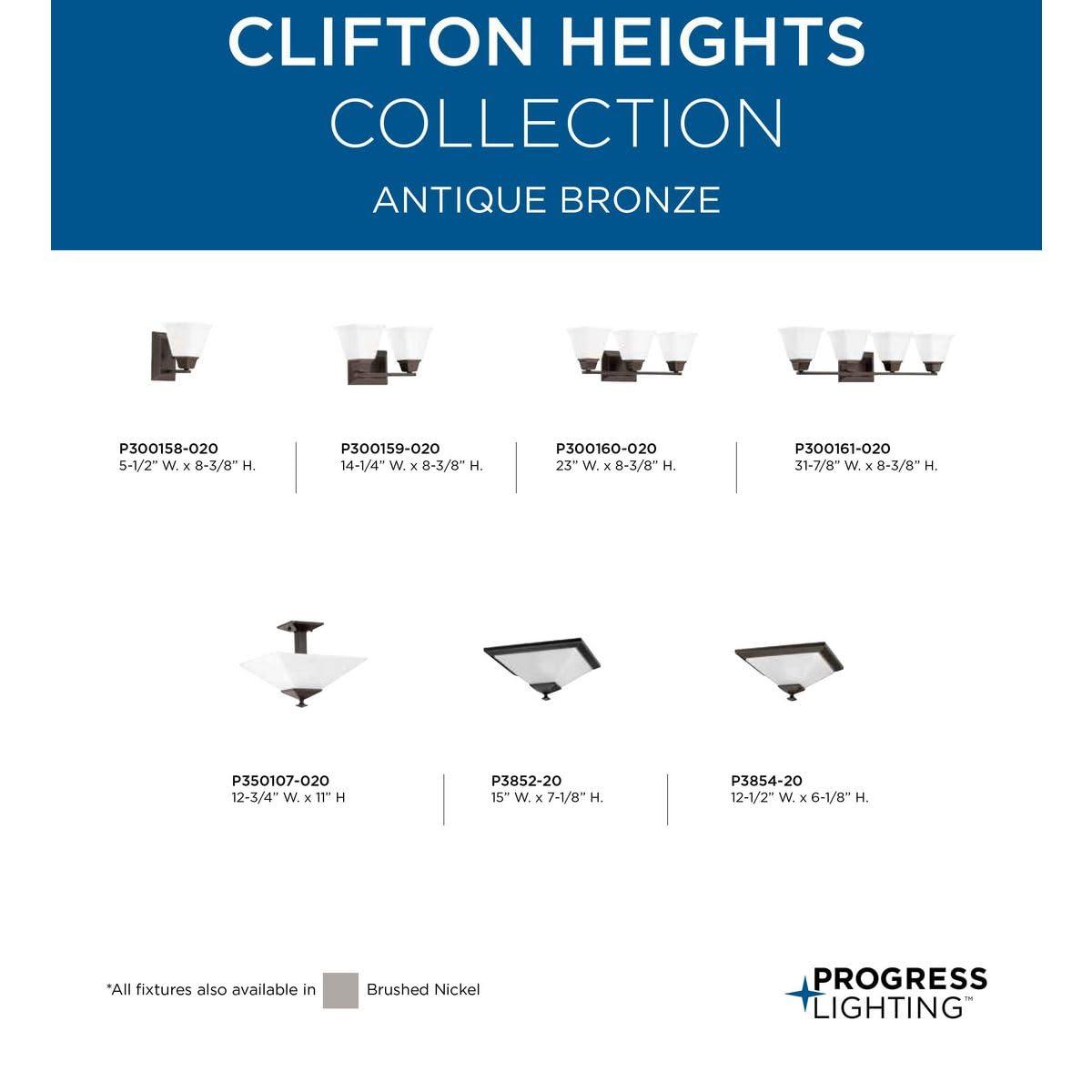 Progress Lighting Clifton Heights 2-Light Semi-Flush, Antique Bronze, Etched Square Glass Shade