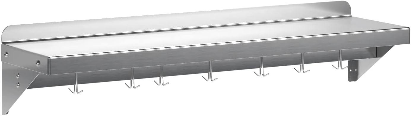 Towallmark Stainless Steel Shelf, NSF Commercial Shelf Wall Mounted, Wall Shelf Floating Shelving for Restaurant, Kitchen, Home, Hotel, 48 x 12 Inches Flat Surface with 7 Hooks