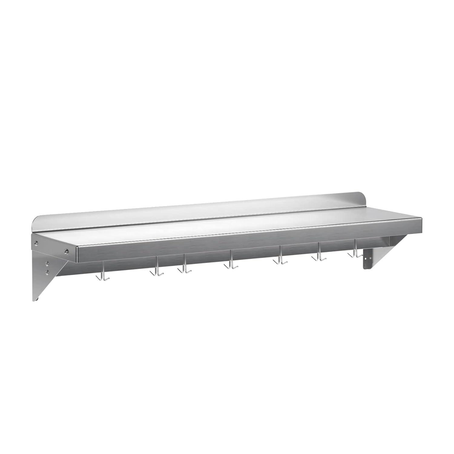 Towallmark Stainless Steel Shelf, NSF Commercial Shelf Wall Mounted, Wall Shelf Floating Shelving for Restaurant, Kitchen, Home, Hotel, 48 x 12 Inches Flat Surface with 7 Hooks