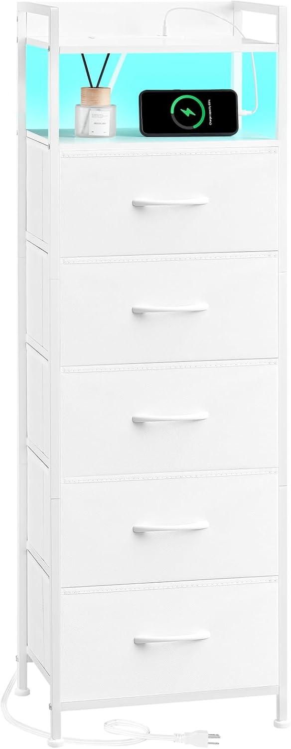 Somdot Fabric Dresser 5 Drawer Vertical with LED, Charging Station and Handle, White Leather