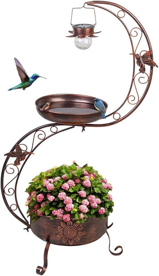 IVV 36 Inch Metal Bird Bath for Outside, Freestanding Birdbaths & Birdfeeder with Solar Sensor Light and Flower Planter Pedestal, for Outdoors Garden Patio Yard Lawn Decor, Bronze