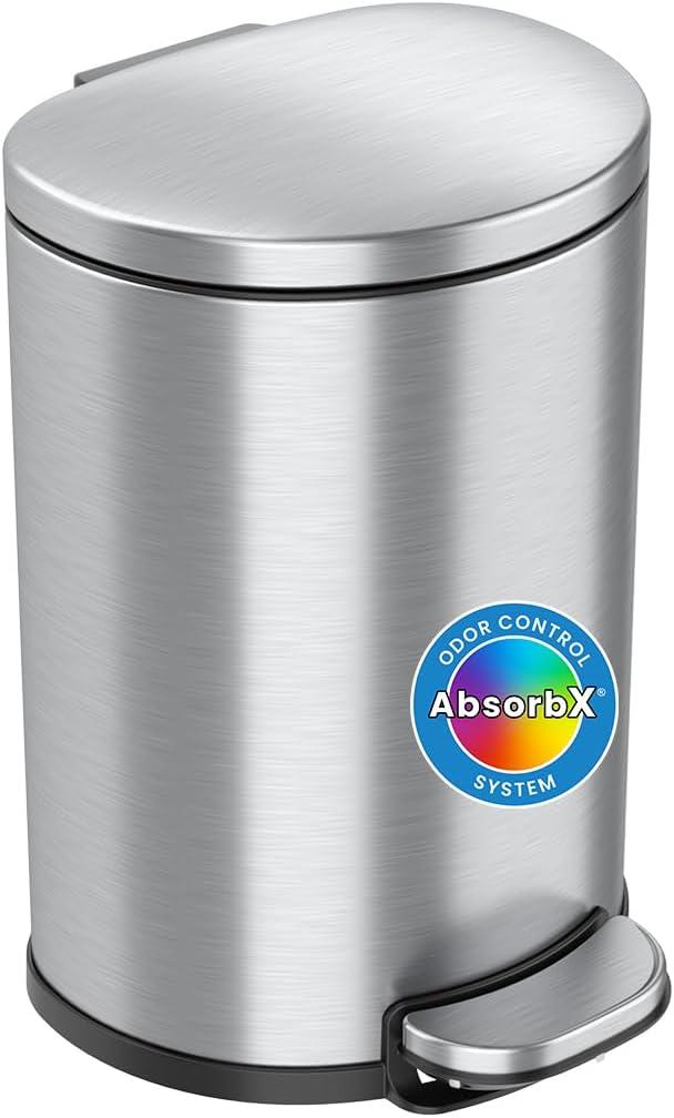 iTouchless Step Pedal Bathroom Trash Can with AbsorbX Odor Filter and Removable Inner Bucket 2 Gallon Semi-Round Stainless Steel