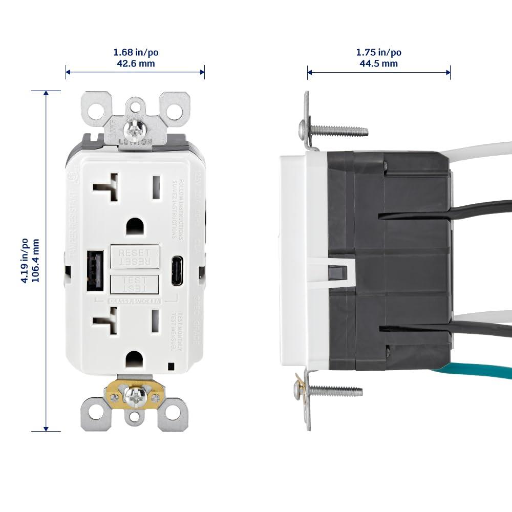 Leviton 20A SmartlockPro Self-Test GFCI Combination with Type A & Type-C USB in-Wall, USB Charger for Smartphones and Tablets, GUAC2-W, White