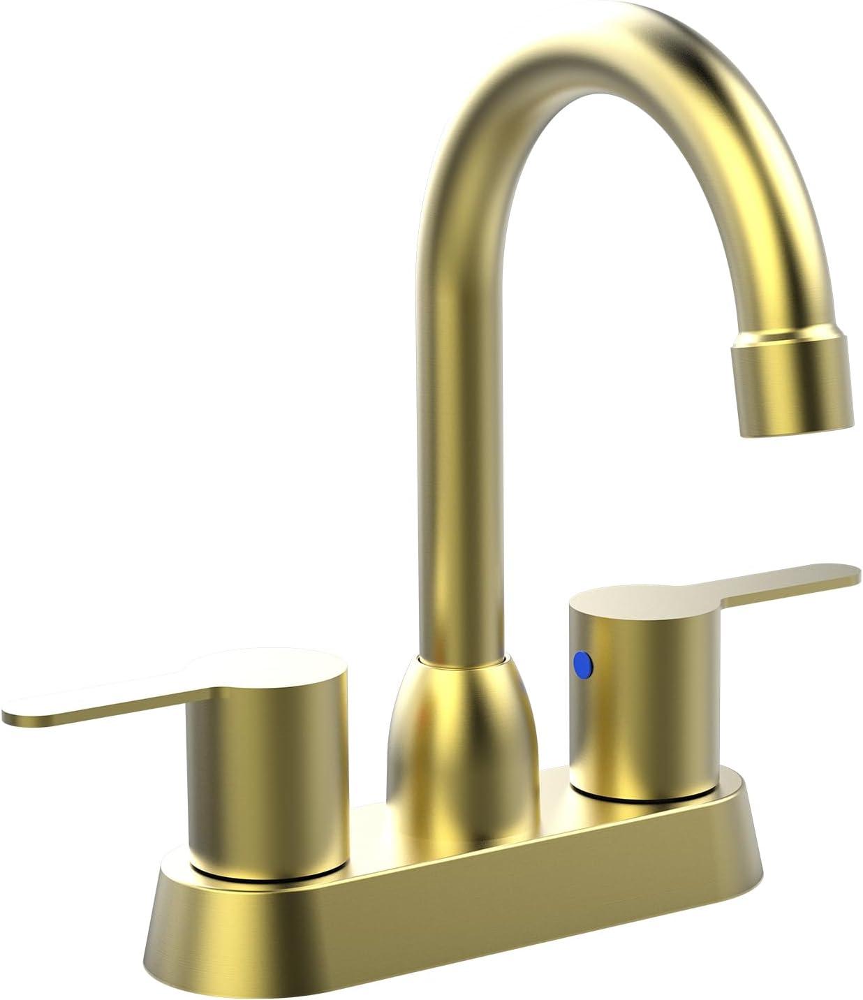 Brushed Gold Bathroom Faucet - 2 Handle, 360 Degree Swivel Spout, Centerset, 4 Inch Vanity, RV & Lavatory Use